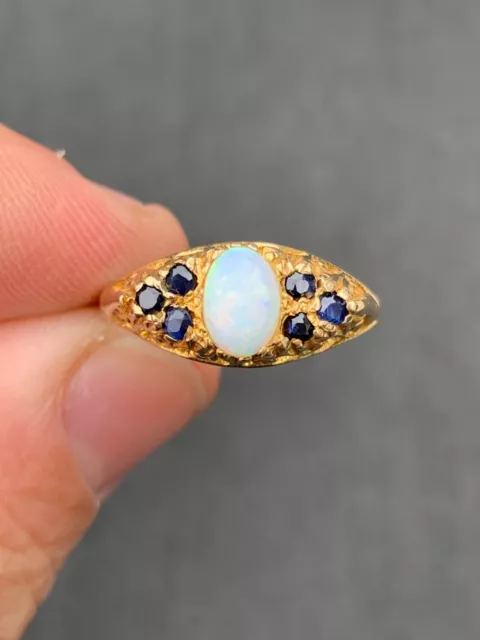 9ct gold natural opal & sapphire ring, Victorian style 9k 375