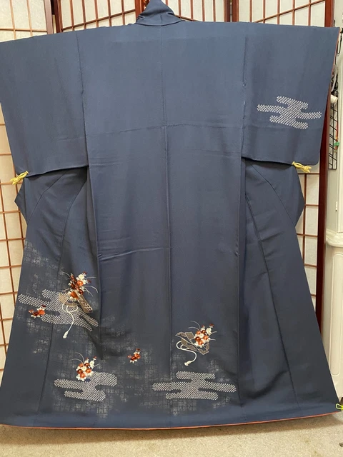 Vintage Silk Houmongi Kimono with Shibori and Embroidered Peonies and Mums