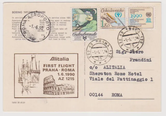 Alitalia Official Card for the First Flight Praha -Roma Jun 01 1990
