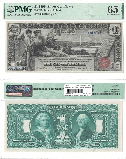 1896 $1 Silver Certificate "Educational Series" Fr 225 PMG Gem Unc-65 EPQ