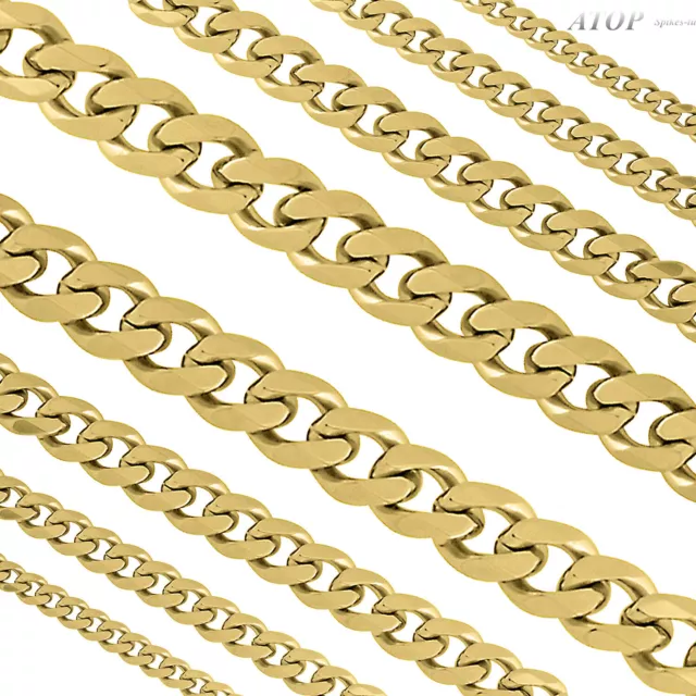 Mens Boys 4-12mm Stainless Steel Cut Cuban Link Gold Plated Curb Chain Necklaces