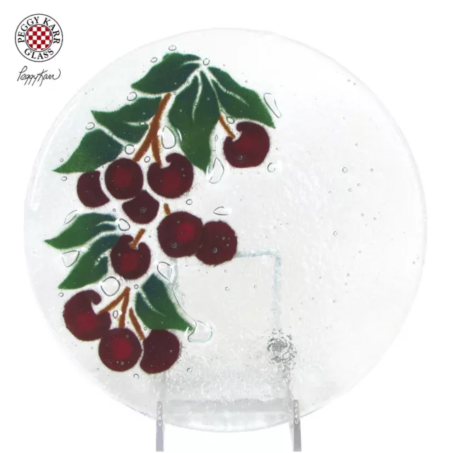 Peggy Karr FRUIT - CHERRIES 7.75" Round Salad Plate Orchard Leaves Fused Glass