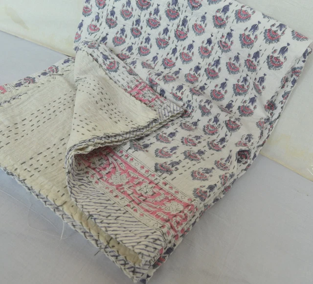 Couvre-lit Indien Kantha Fait Main En Coton - Bleu Indigo - Lit Simple - Artisanat Traditionnel