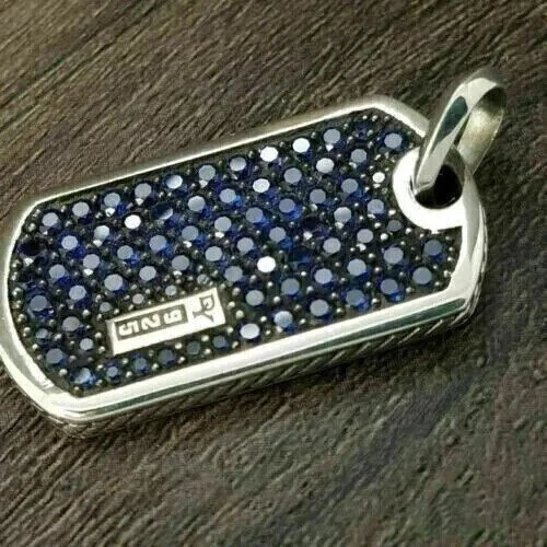 Lab Created 2Ct Blue Sapphire Men's Dog Tag Pendant 14k White Gold Plated Silver