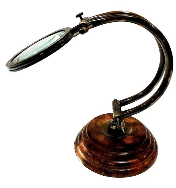Loupe Ancienne Réglable En Laiton Sur Base Bois - Grossissement 3x, Lentille 4 Pouces - Neuf