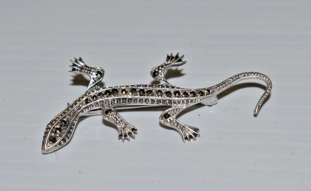 BROCHE VINTAGE EN ARGENT MASSIF - Lézard, Salamandre Ou Gecko Sertie De Marcassite - Ancien Bijou Français