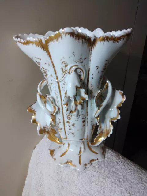 Antique Old Paris Porcelain Lg Bridal Vase White w Gold Trim 12" T French Beauty