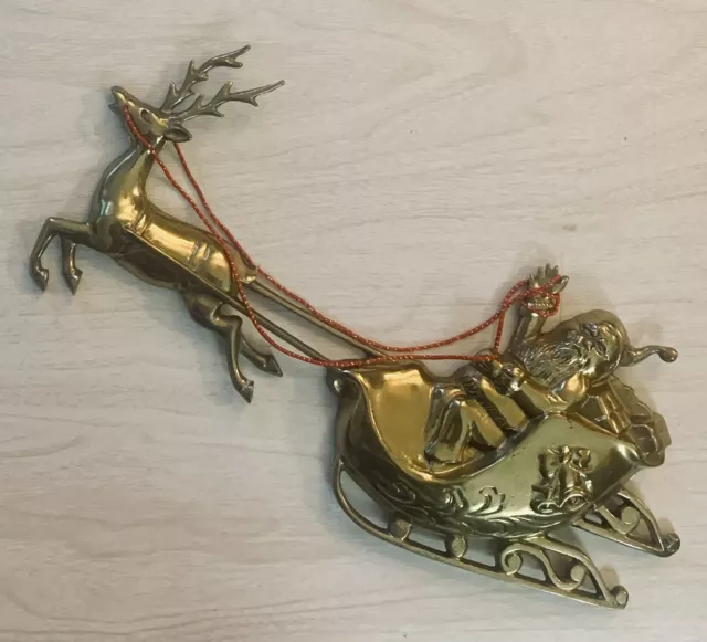 Vintage Solid Brass Santa Sleigh & A Reindeer, Wall Hanging Art Christmas Hangin 3