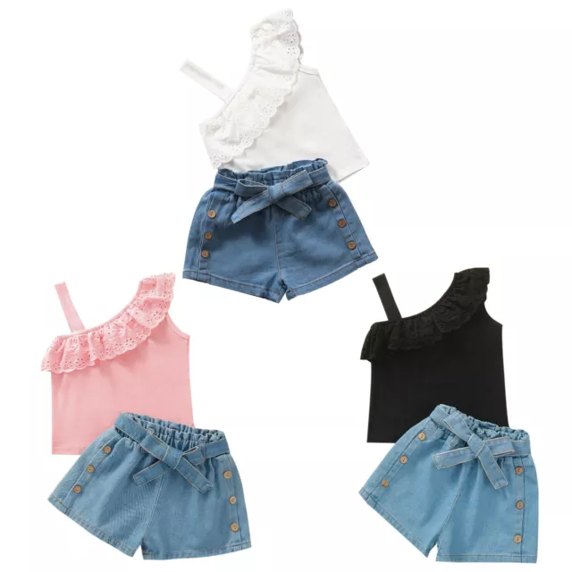 Infant Baby Girls Summer Casual Set Single Shoulder Top Denim Shorts Outfits