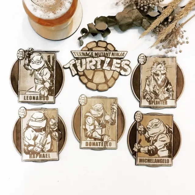 Set of 6 Teenage Mutant Ninja Turtles Wooden Coasters - Geek Gift - Housewarming