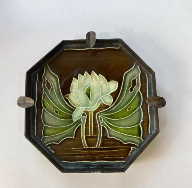 Art Nouveau Ashtray with German Majolica Tile of Flower Circa 1910s RARE!