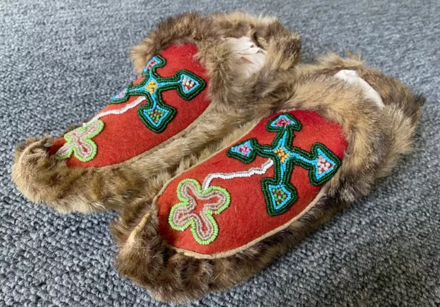 Antique PAIR of FUR COVERED MOCCASINS w FLORAL CONTOUR BEADING -ALASKA or CANADA