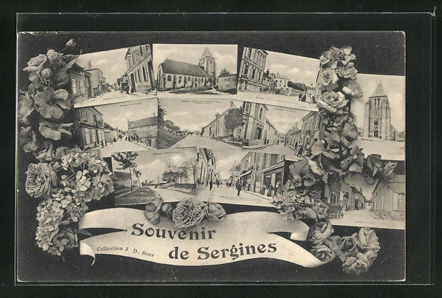 CPA Sergines, l'Église, vue partielle, vue de la rue 1910