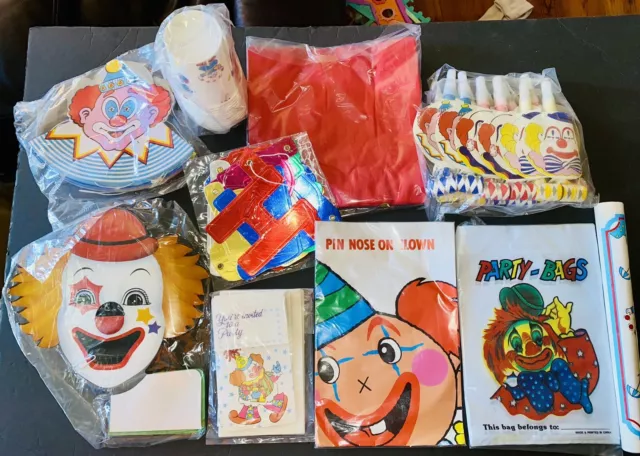 Vintage Happy Birthday Clown Party Set for 12 Invitations Hats Party Favors etc.