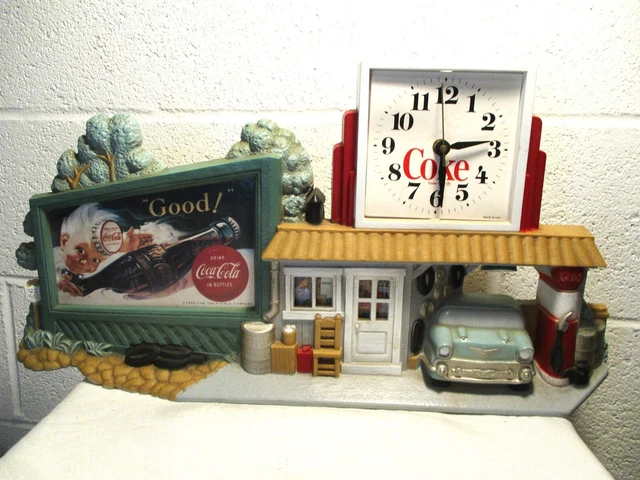 Vintage Burwood Products 1990 Coca-Cola Wall Clock " Route66 Gas Station "