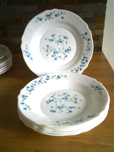 Lot De 6 Assiettes Creuses Arcopal Véronica Motif Myosotis - En Verre, Occasion Comme Neuves - Pour Dessert Ou Soupe
