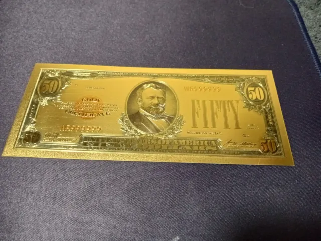 24K Gold Plated $50 Dollar Bill Gold Certificate Banknote. Circulated