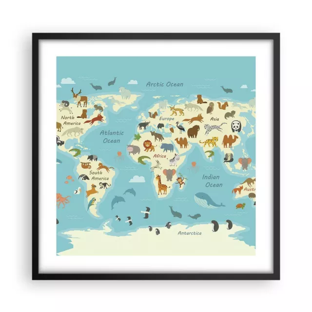 Cuadro Poster de Pared 50x50cm P�ster Marco Animales El Mundo Mapa Wall Art