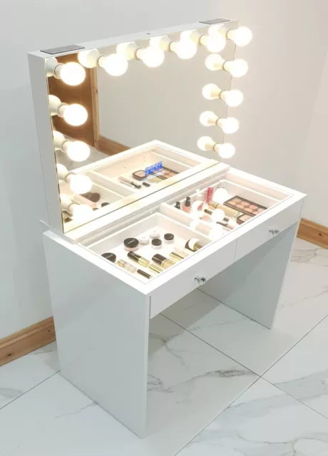 Dressing Table Vanity Station Clear Glass Top Salon Grade High-Gloss Vanity