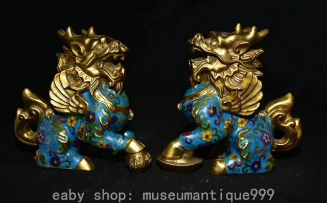 8.4"Old China Bronze Cloisonne Gilt Kylin Qilin Chi-lin Dragon Beast Statue Pair