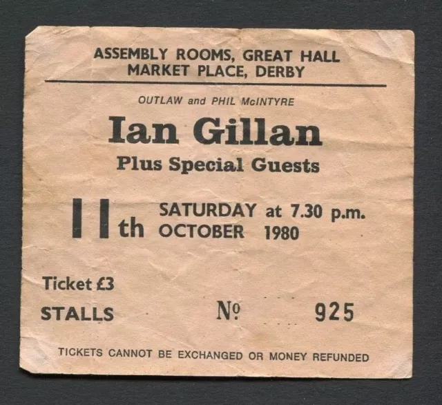 1980 Ian Gillan from Deep Purple Concert Ticket Stub Derby UK Glory Road