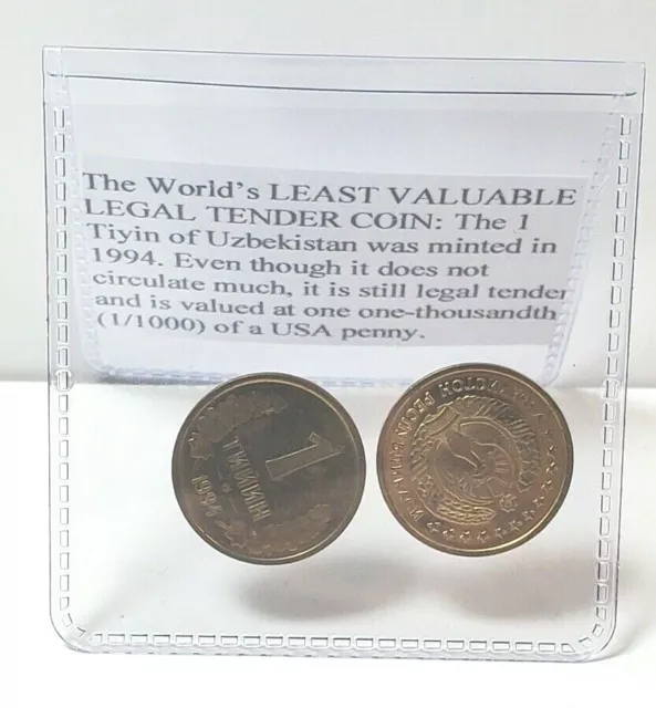 KM#1 World’s LEAST Valuable (1/1000 of 1c) Coin Lot x2 UNC 1994 Uzbekistan Tiyin