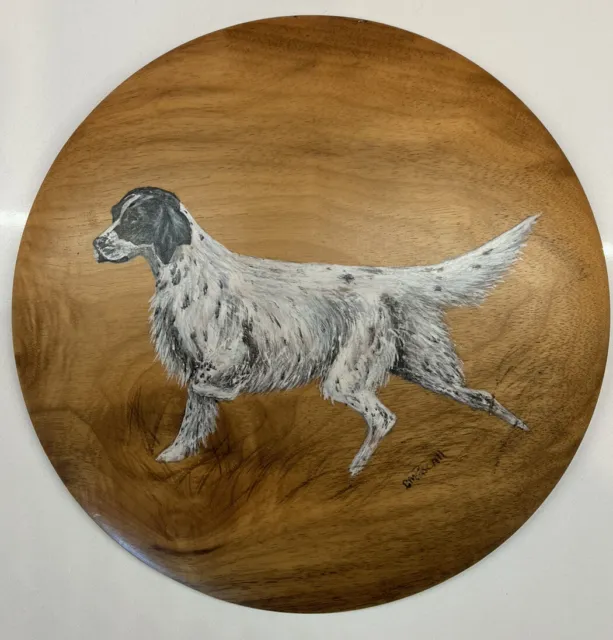 Hand painted English Setter Dog Convex Satin Wood Art Medallion Oregon, Signed