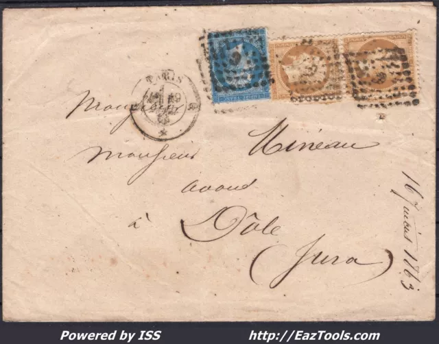 FRANCE N°21x2+22 SUR LETTRE AVEC LOSANGE BUREAU C DE PARIS + CAD DU 19/07/1863