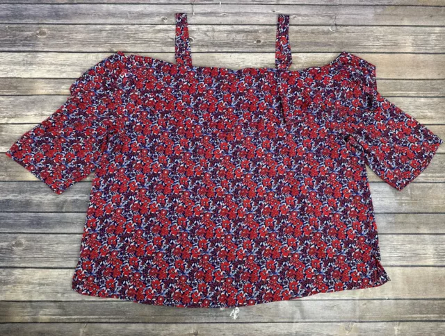 NYDJ Cold Shoulder Top Womens Plus Size 2X Red Floral 3/4 Sleeve Bohemian