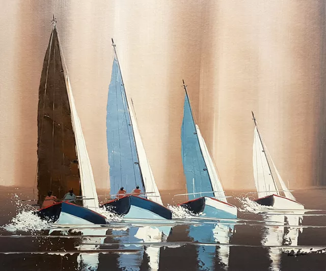 Tableau original, régate voilier bateau en mer, Art déco marron peinture toile