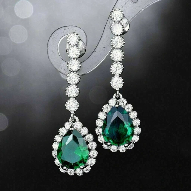 4Ct Pear Lab Created Green Emerald Drop & Dangle Earrings 14K White Gold Finish