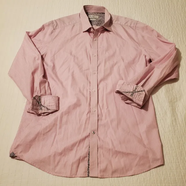 Robert Graham Shirt Men 17.5 XL Pink Stripe Flip Cuff Floral Trim Dress Oxford