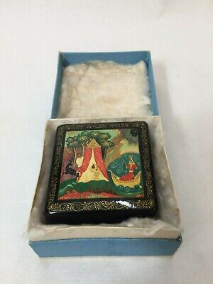 VTG Russian Fedoskino Lacquer Miniature Painting Square Box, Signed by Artist