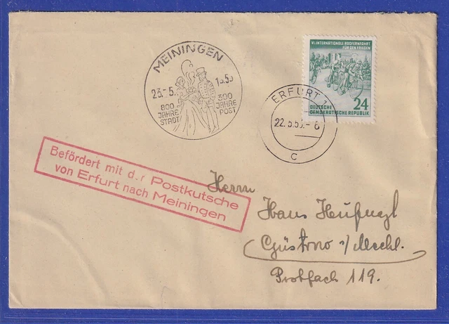 DDR 1953 Radrennen Mi.-Nr. 355 auf Postkutschen-Brief von Erfurt nach Meiningen