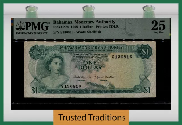 TT PK 27a 1968 BAHAMAS MONETARY AUTHORITY 1 DOLLAR PMG  25 VERY FINE