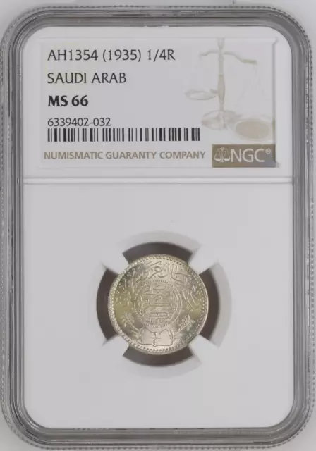 AH1354 - 1935 Saudi Arabia 1/4 Riyal Silver Coin - NGC MS 66