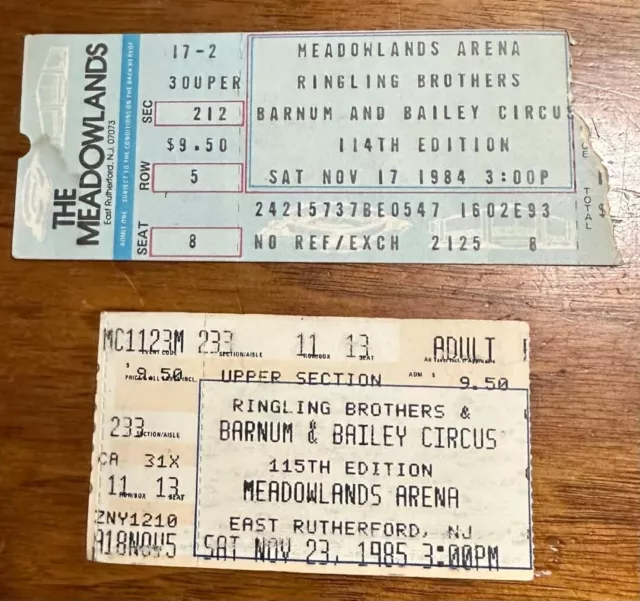1984 / 1985 Barnum & Bailey Circus Ticket Stubs Meadowlands Arena New Jersey
