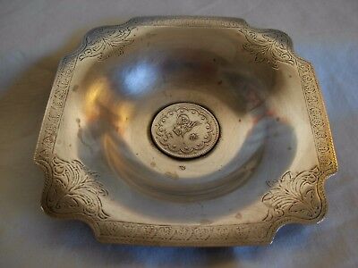 OLD 800 SILVER DISH ETCHED DESIGN SET WITH TURKISH OTTOMAN COIN - 43.8 grams  #2