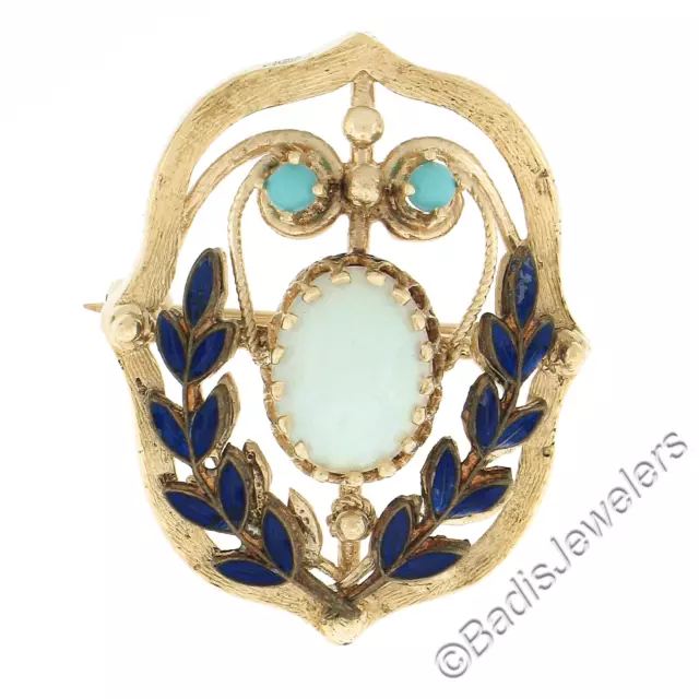 14k Gold Opal Türkis & Blau Emaille Texturiert Laurel Kranz Pin Brosche Anhänger