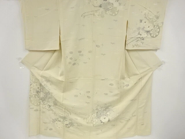 40191# Japanese Kimono / Antique Hitoe Kimono / Embroidery / Floral Cart