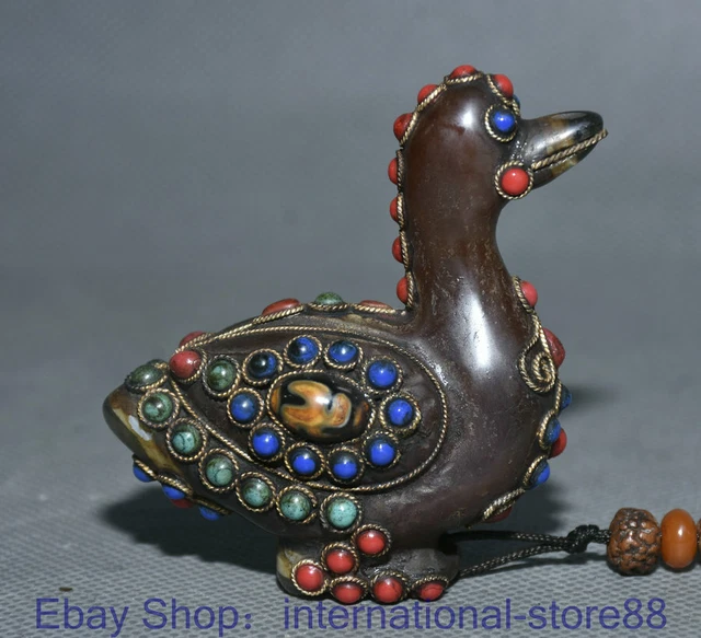 2.8" Rare Old Tibetan Agate inlay Gems Dzi Bead Buddhism Swan Pendant