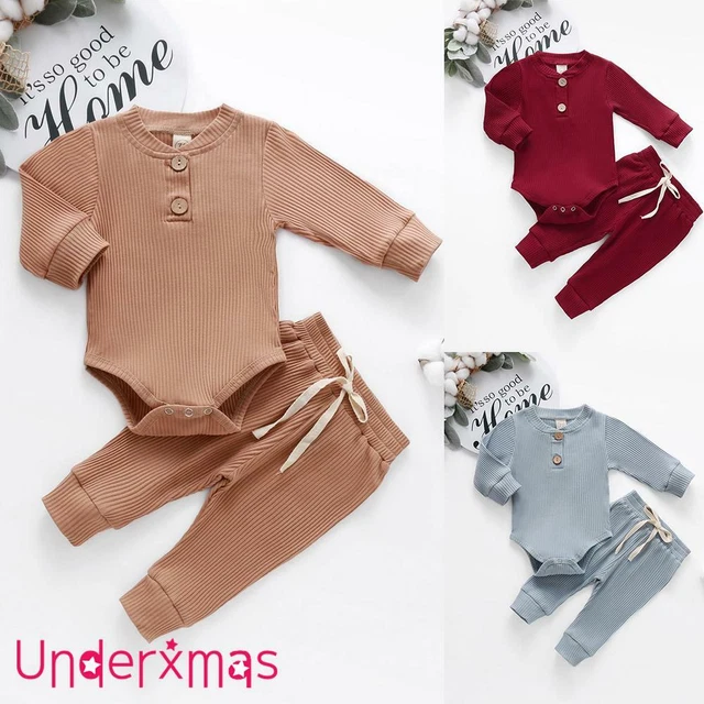 Newborn Baby Boy Girl Clothes Ribbed Romper Jumpsuit Bodysuit Pants Outfits Set