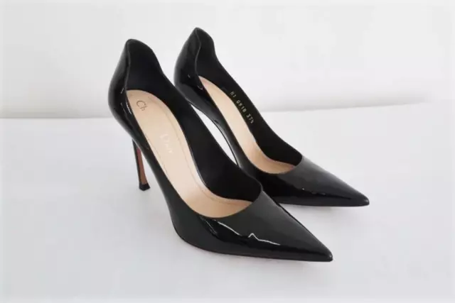 Christian Dior D-Moi Pumps Black Patent Leather Size 37.5 Pointed Toe Heel