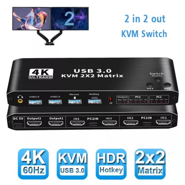 2X2 USB3.0 HDMI KVM Matrix Switch 4K 60Hz Dual Monitor Extended Display Switcher