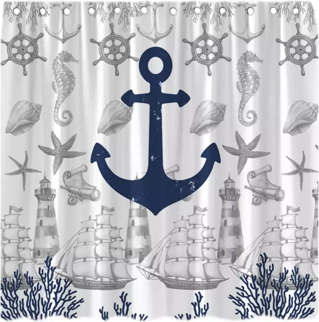 Nautical Anchor Shower Curtain Vintage Sailboat Ocean Coastal Lighthouse Navy Bl