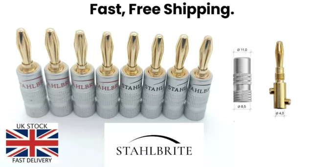 Stahlbrite Pro Quality Gold Plated Banana Speaker Plugs HiFi  Pack of 8