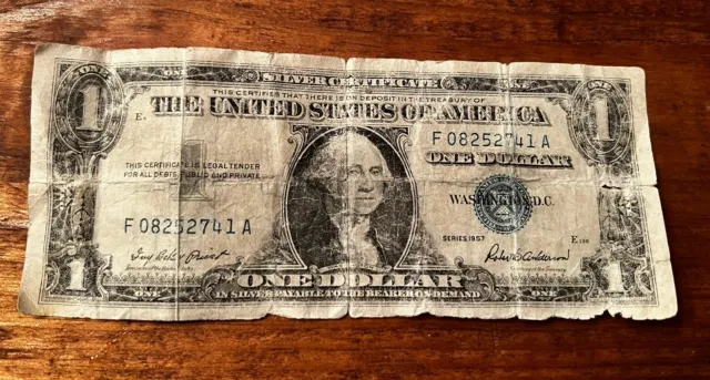 1957 $1 One Dollar Bill  Silver Certificate Blue Seal Series A,  F Serial number