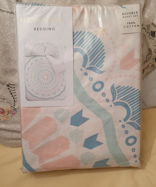 NUEVO LOOK Juego de Ropa de Cama Doble Algodón Puro Reversible Azulejos Mandala Rosa Como Nuevo Blanco