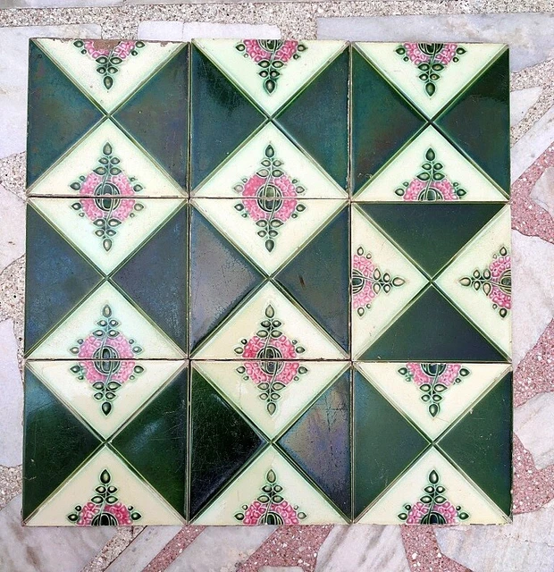 9Pc Antique Majolica Decorative Flower Art Nouveau Architecture Tiles,England