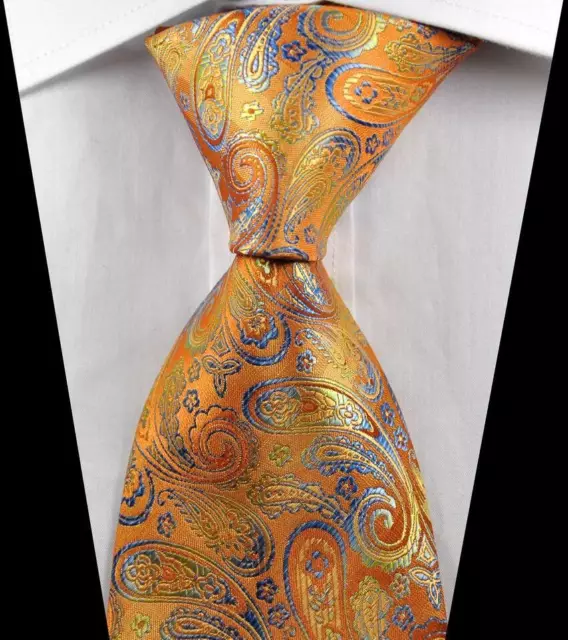 Hot Classic Paisleys Gold Blue JACQUARD WOVEN 100% Silk Men's Tie Necktie